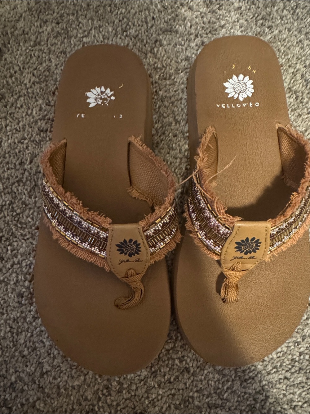 Yellow Box Tan Beaded Fringe Thong Sandals